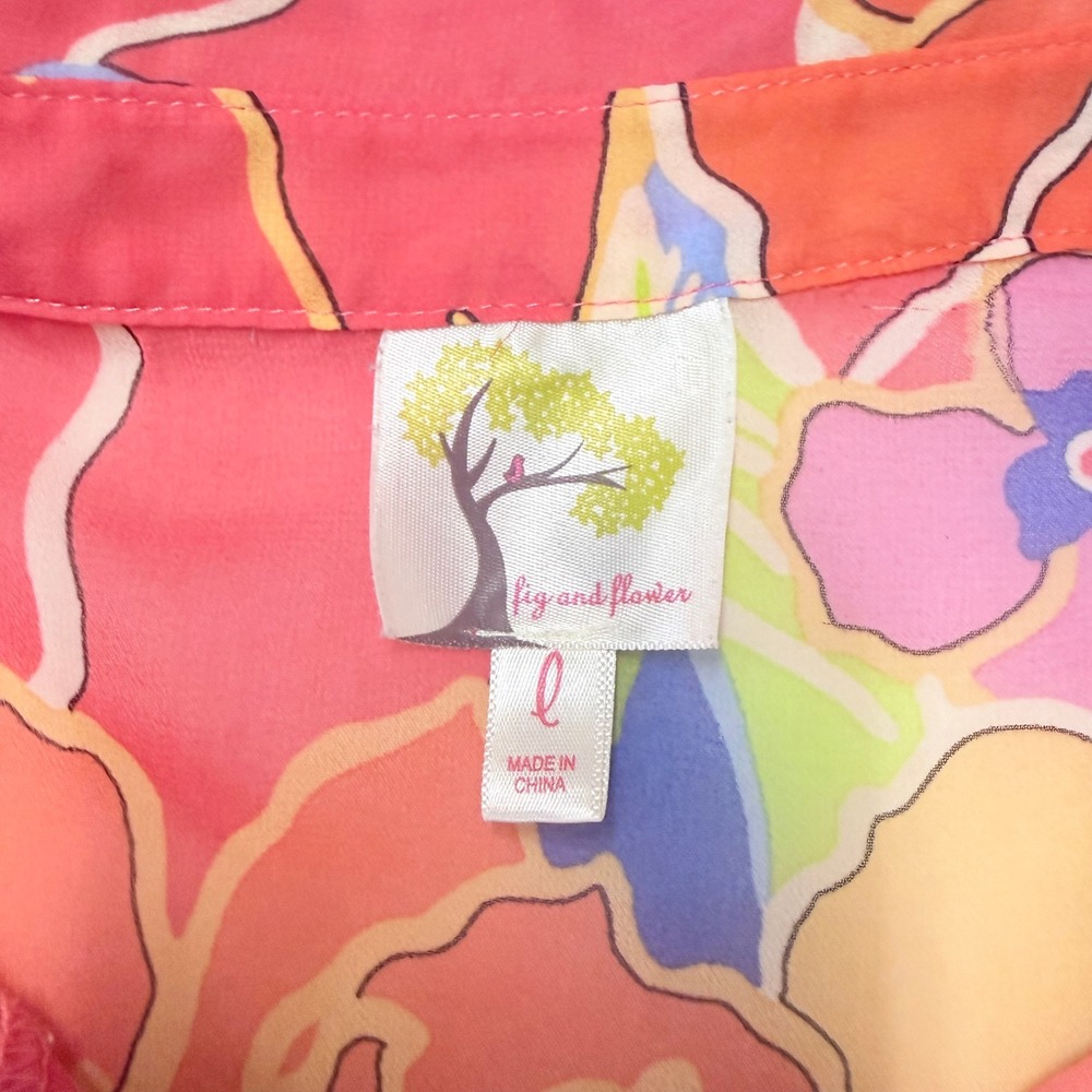 Fig and FlowerTropical Floral Button Up Roll Tab Sleeve Blouse Coral Pink L - Picture 6 of 10
